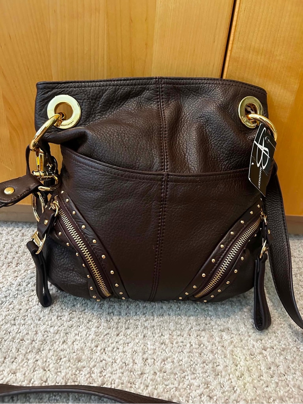 b. makowsky Dark Brown Leather Shoulder Bag with Gold Hardware